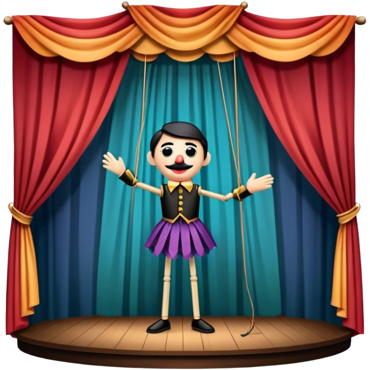 Icon for Puppet Theater: a puppet on strings with theatrical curtains in the background, along with a small stage and dramatic lighting. The icon should represent the whimsical and artistic nature of puppet performance. Transparent background. emoji