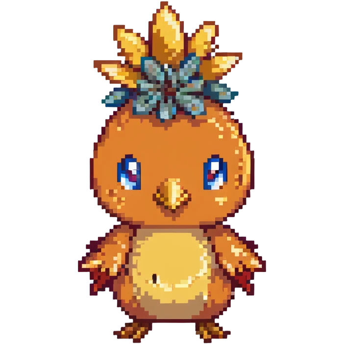 Torchic, the small orange fire-type chick Pokémon with yellow feathers on head and small beak emoji