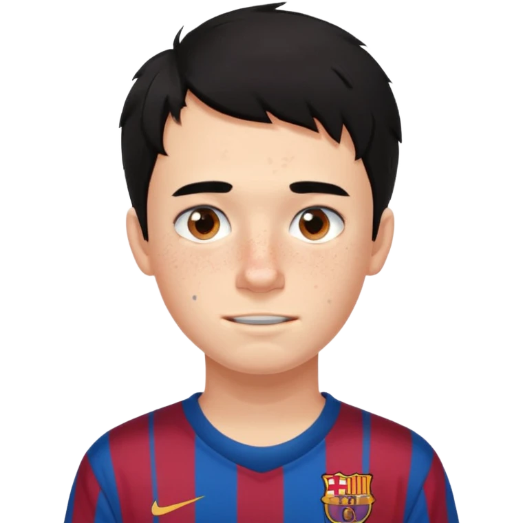 Un chico con pelo liso, demasiado pelo desordenado y negro, tiene pecas, brackets, ojos cafés oscuros y con una camisa del Barcelona emoji