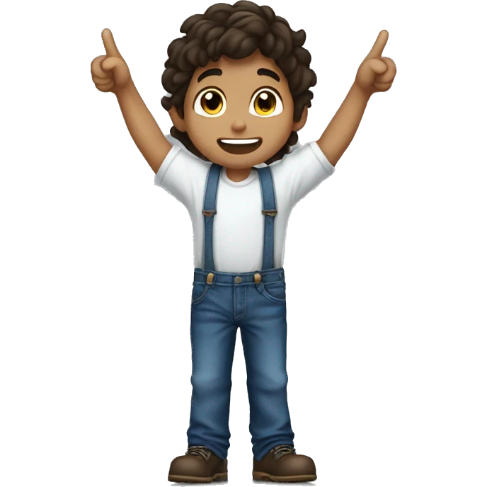 boy pointing to the sky from behind, dark brown wavy hair, wearing blue jeans overalls and white shirt. half body shot. emoji