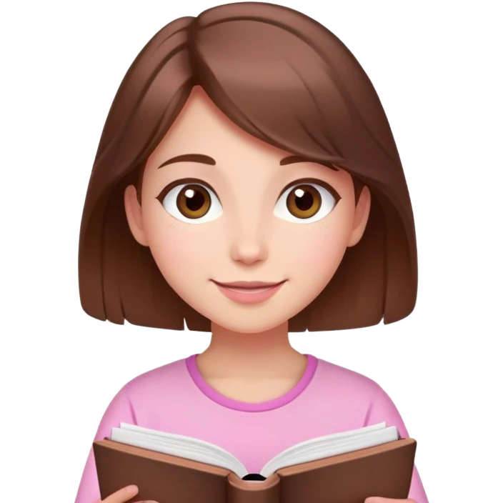  happy beautiful girl brown hair that is more valuable then corals studying with a cute pink aura behind here  emoji