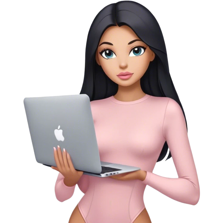 Glamours, tanned, very beautiful girl, with big pump peach-beige-rose lips, black straight smooth silky long hair, straight parting hair, blue-grey eyes, in light-pink bodysuit holding MacBook emoji