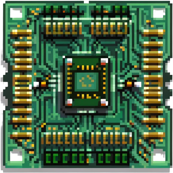 pixel art style microchip, green circuit board, gold connectors, no text emoji