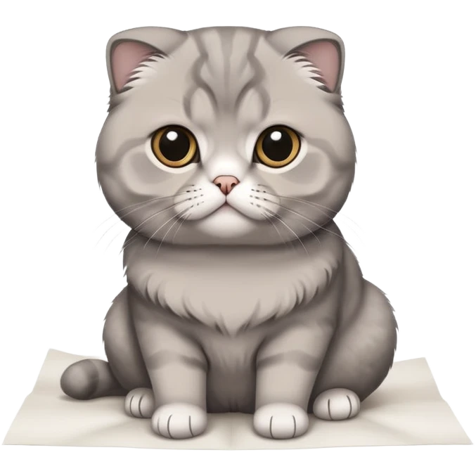 a gray Scottish fold sits on a piece of paper emoji