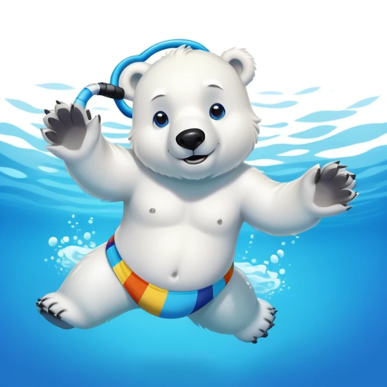 friendly anthropomorphised polar bear swimming in a wide pool, wearing colorful swim trunks and snorkel gear emoji