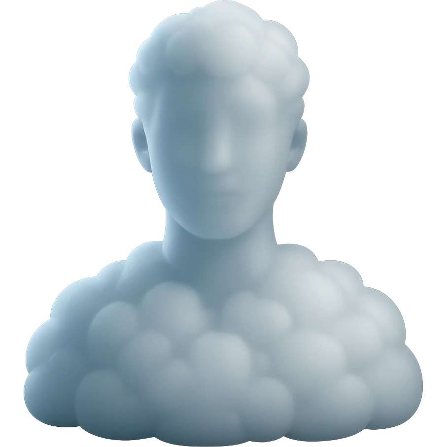person shoulders up, looking straight, fully made of white fluffy convex clouds, matte glass style, volumetric and soft clouds, no background emoji