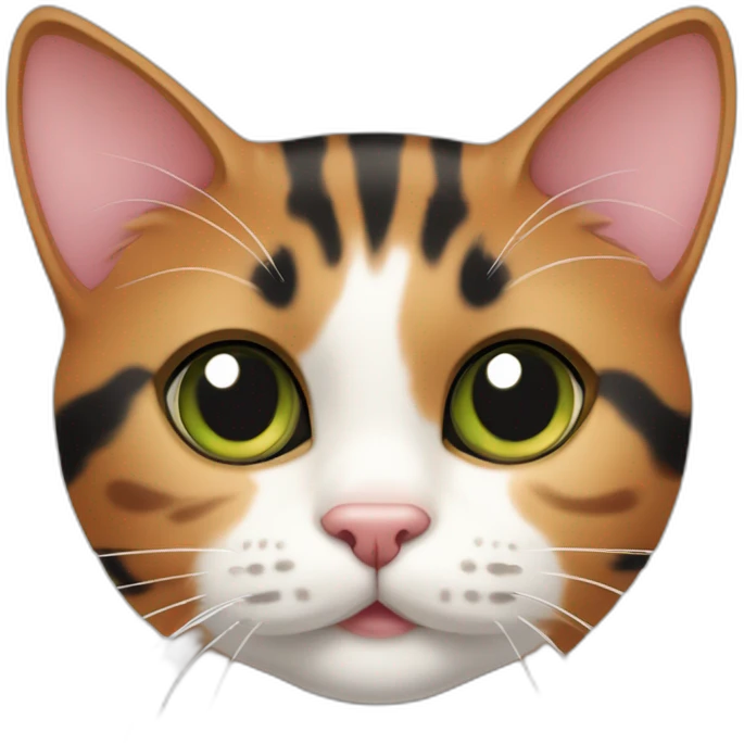 young striped calico cat face with a pink nose, white chin, green eyes, and orange/brown markings, orange tip on one ear emoji