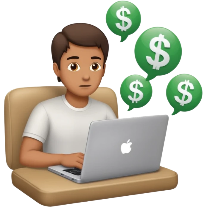 a man with a laptop and dollar signs, thinking about startup success emoji