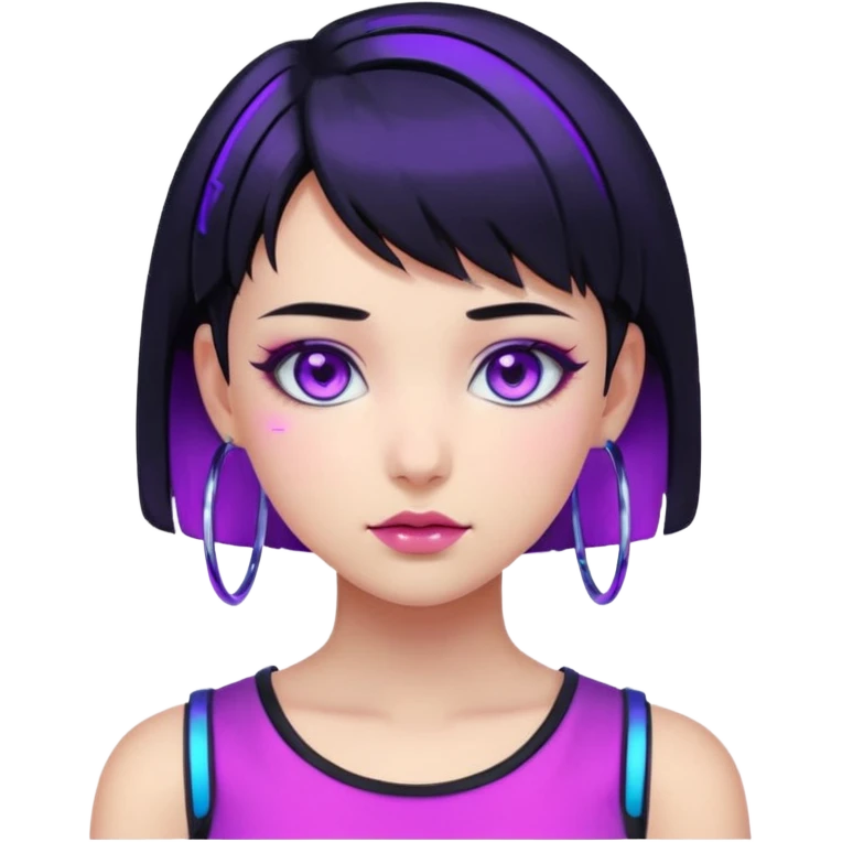 Emoji estilo anime cyberpunk: garota com cabelo curto preto, olhos roxos expressivos, expressão confiante, argolas grandes, pele iluminada por neon azul e rosa, visual moderno e vibrante, cores fortes e estilo futurista simplificado. emoji