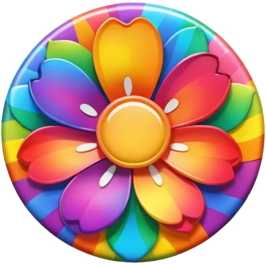 A round psychedelic colored button with a large rainbow colored flower in the center emoji