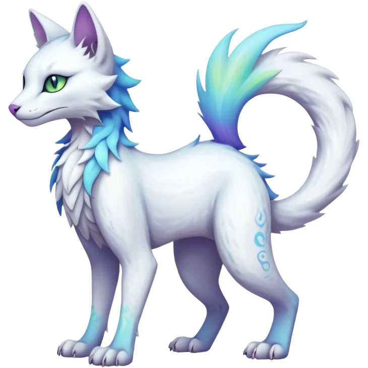 Kawaii white iridescent edgy fantasy feline-vernid-sergal-fursona animal creature with a tufted tail full body with intricate markings  emoji