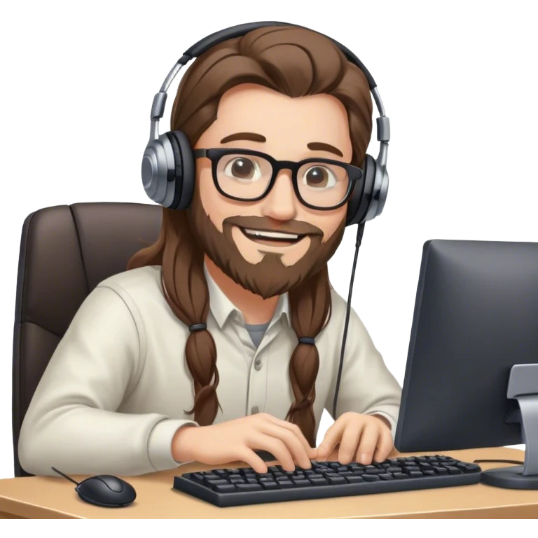 white man with long brown hair, glasses, headphones and beard sitting at a computer with a mouse and keyboard, smiling emoji