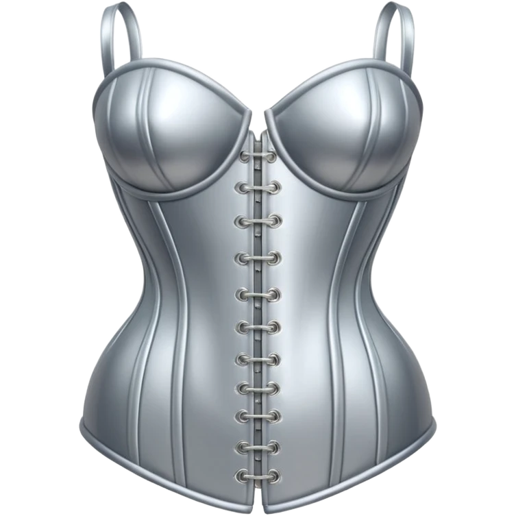 A luxury corset emoji made of silver chrome, smooth metallic curves, minimal fashion silhouette, glossy reflections, sensual high-end aesthetic, iOS emoji style, centered, clean white background emoji