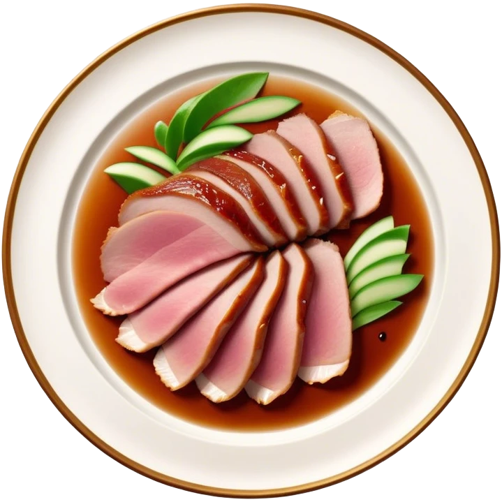 Peking Duck Cinematic Realistic Peking Duck Dish Emoji, depicted as thinly sliced duck breast with crispy skin and succulent meat, rendered with vivid textures and dynamic, appetizing lighting. emoji