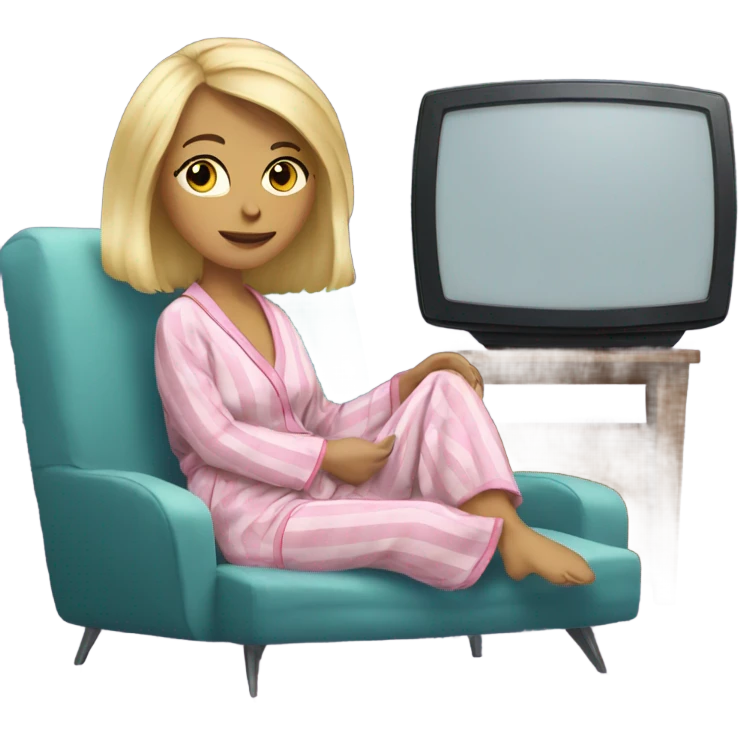 Blonde woman in pajamas and robe watching TV emoji