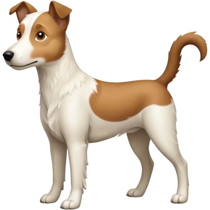 a full body large white parson russell looking dog the size of a kelpie with light brown flapped down ears and a light brown patch on one eye and a large snout emoji