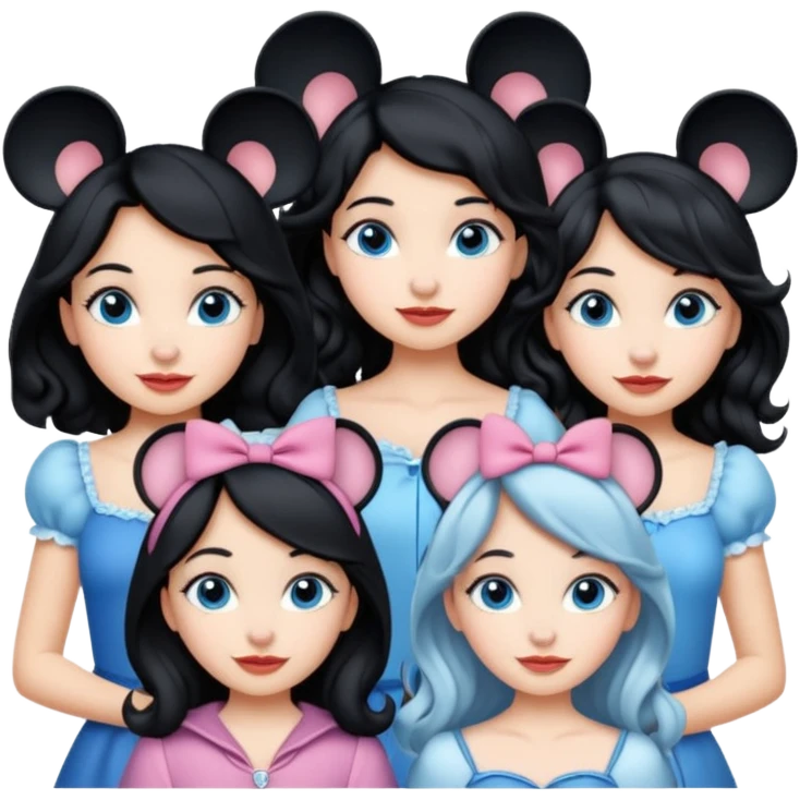 escribe el nombre Disneyland Paris y para titulo, pon a quatro chicas: una pelo corto negro, una pelo rizado largo, una pelo largo liso y la otra pelo ondulado mediano, esta con el ojos azules. Todas tienen piel carne emoji