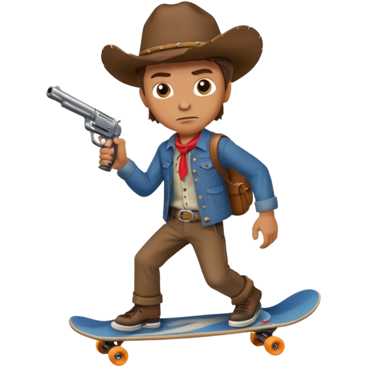 A very dangerous looking cowboy holding a gun and riding a skateboard  emoji