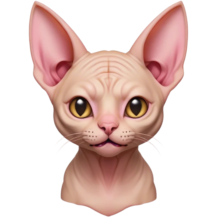Cinematic Comical Sphynx Cat Portrait Emoji, Head tilted dramatically with an exaggeratedly shocked or offended expression, smooth, wrinkled skin in warm peach and pink hues, large bat-like ears perked up, piercing eyes widened in disbelief, Simplified yet hilariously expressive features, highly detailed, glowing with a slightly sassy glow, high shine, dramatic yet playful, stylized with an air of attitude, bright and endearing, soft glowing outline, capturing the essence of a sassy and over-the-top feline, so meme-worthy it feels like it could side-eye its way into internet fame instantly! emoji