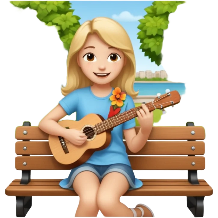 Teen girl – relaxed on park bench, strumming a ukulele, smiling.
 emoji