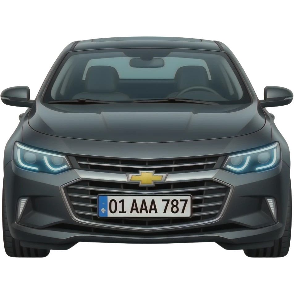 A realistic icon emoji of a metallic black sedan Chevrolet Malibu 2.0L Turbo Premier, shark eyes, dark charcoal tint windows, black alloy 5-spoke rims, Dynamic sky blue glow LED headlights with glowing effect, uzbekistan flag region, number texts "01 AAA 787" in plate, driving in the road way city emoji