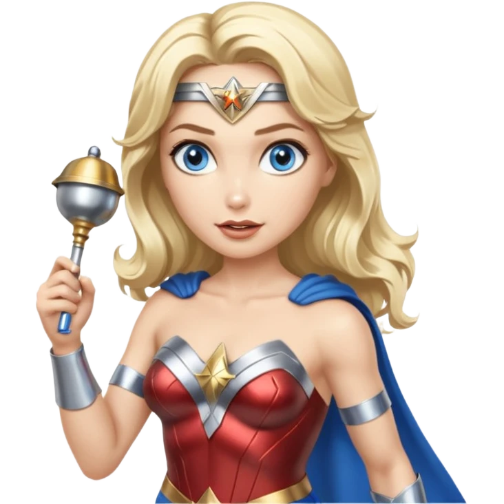 Blonde blue eyes Wonder Woman holding bell and short, thin, white baton emoji