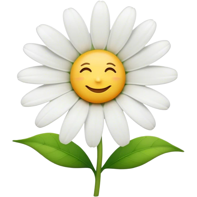 Cinematic Realistic Daisy Emoji, Cheerful and pure, with bright white petals surrounding a sunny yellow center, standing proudly atop a slender green stem. The soft, vibrant petals seem to radiate positivity, while a few green leaves frame the delicate flower. Soft glowing outline, capturing the essence of simplicity, innocence, and happiness in a single daisy. emoji
