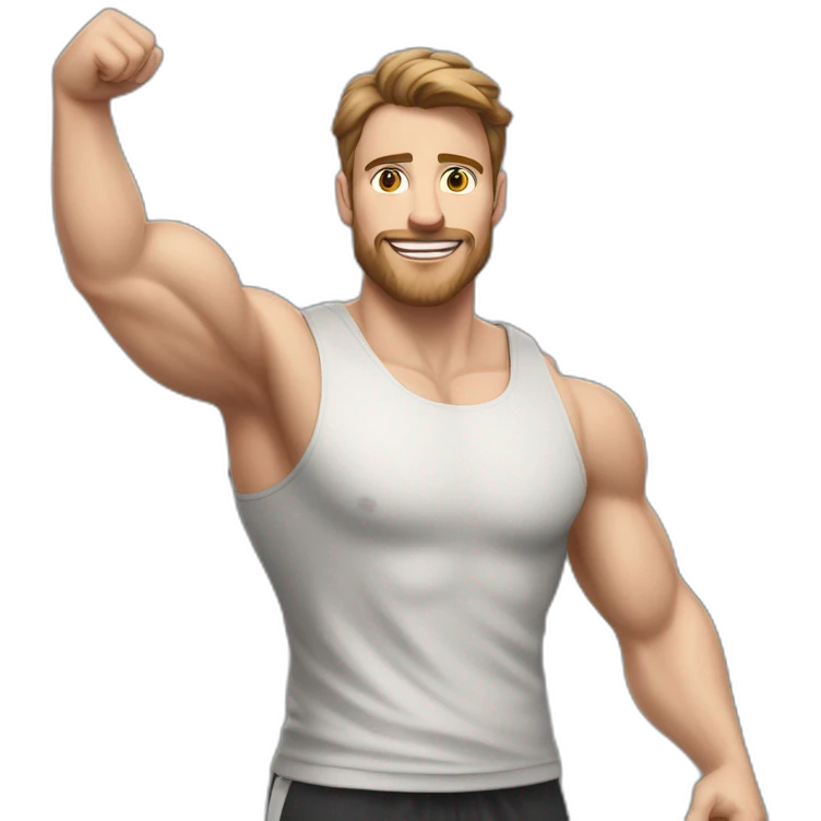 Close up Actively gesturing  with hands Pale skinned Fit Man With the biceps and brown hair in dark gray Sleeveless Mike, black oversize sports shorts, watch and white Sneakers emoji