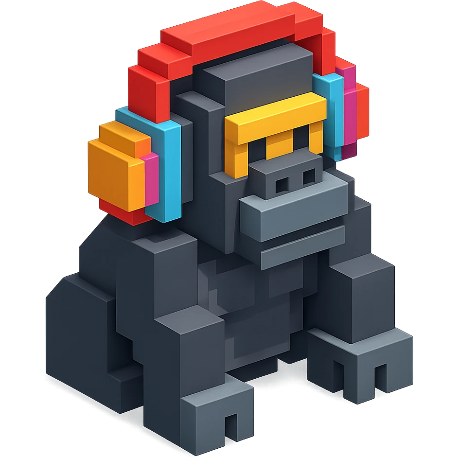 voxel style gorilla with colorful headphones, isometric view emoji
