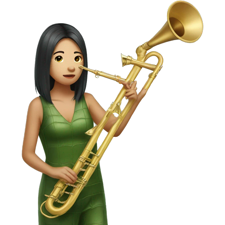 Asian girl in alligator costume with trombone  emoji