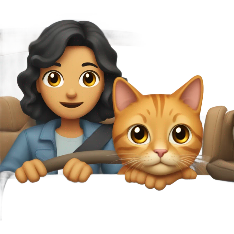A man with black hair and a woman with light brown hair, along with an orange tabby cat, are traveling in a car. The man is on the driver's side, the cat is in the back seat, and the woman is sitting in the front passenger seat. emoji