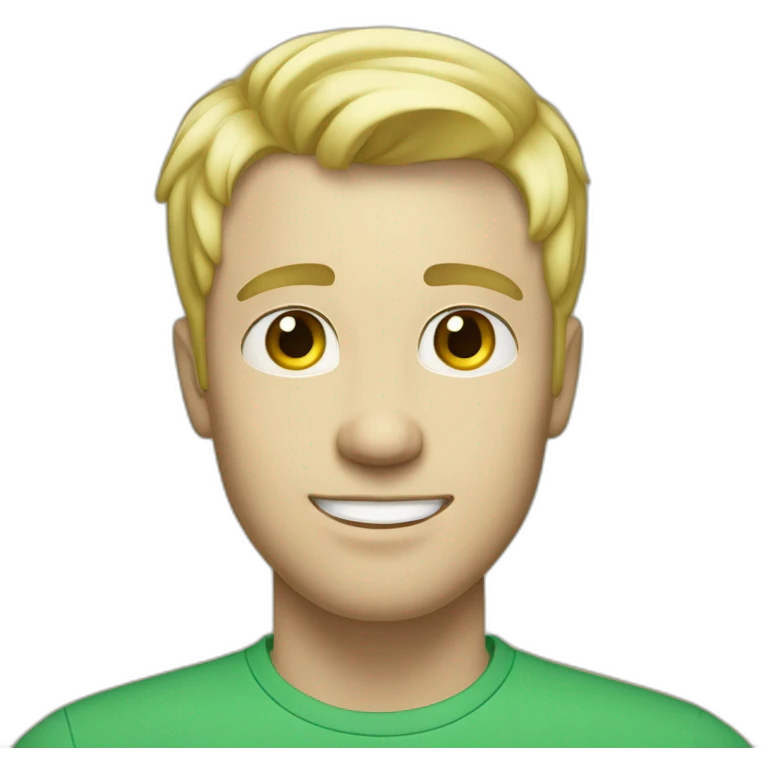 men 30 years old,blond short haire, white skin, blue eyes, green tee-shirt  emoji