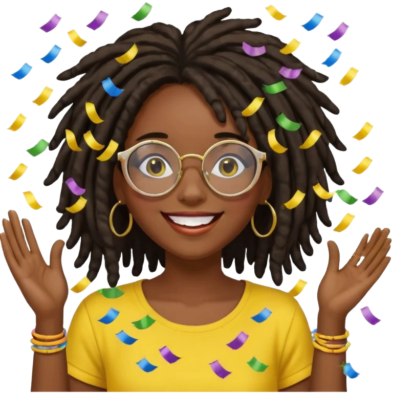 darker skin female with dark dreadlock hair wearing large round glasses and a yellow top celebrating with confetti emoji