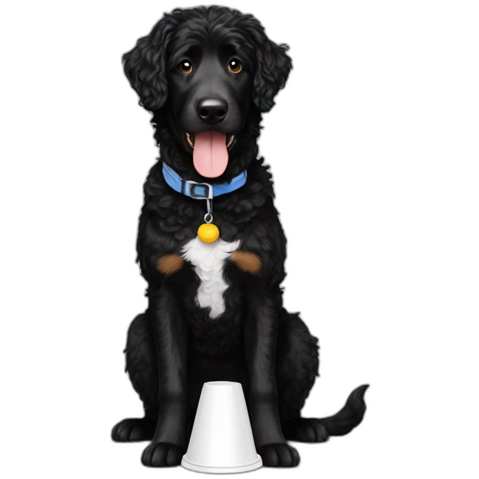 black aussie doodle wearing cone emoji
