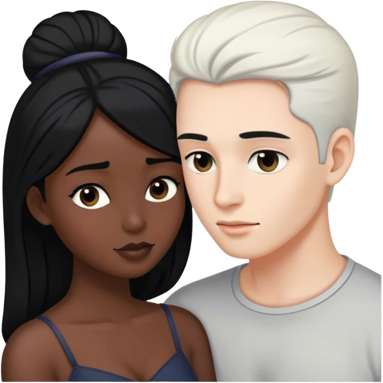 Realistic people, Intimate moment between a woman with white skin and black hair and a man who is dark skinned black with black hair  emoji