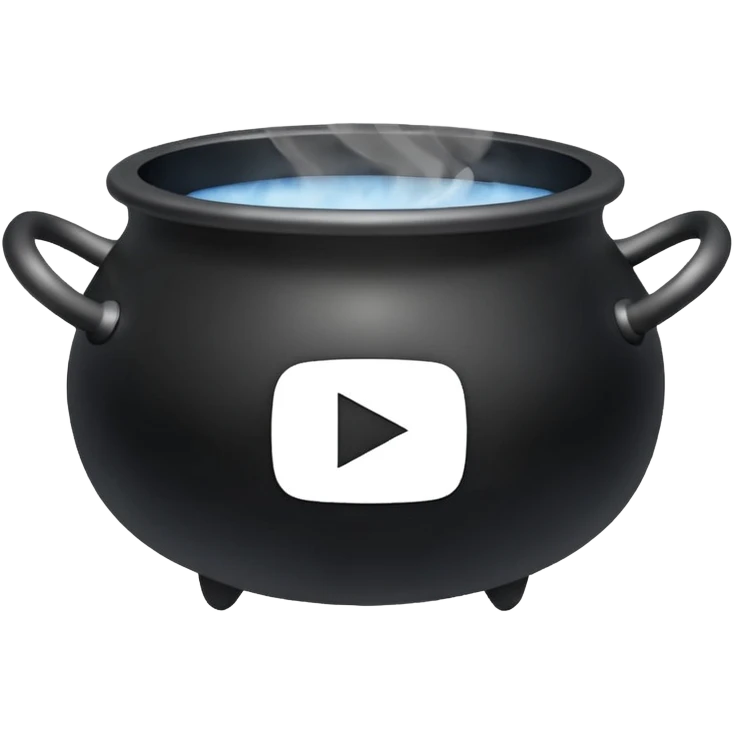A black cauldron with smoke rising, and the white YouTube play button logo floating above the smoke emoji
