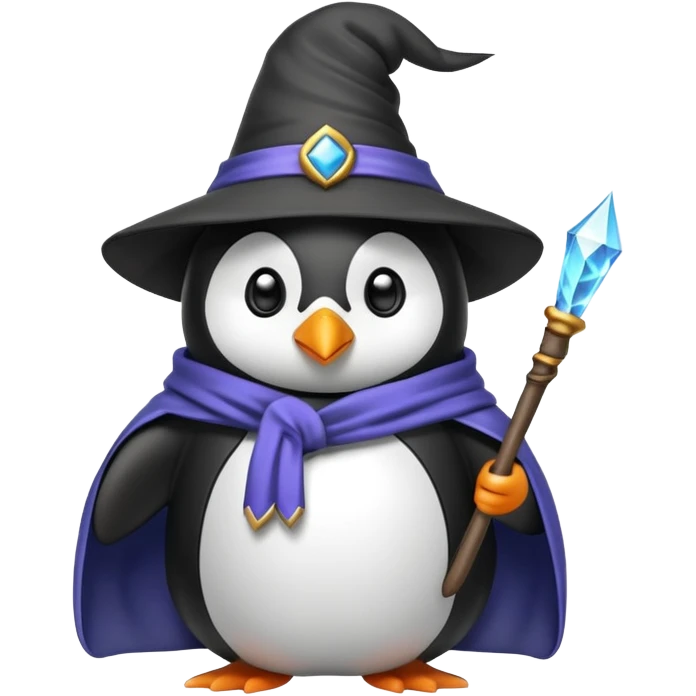 Penguin wearing a wizard hat and robe, holding a magic wand emoji