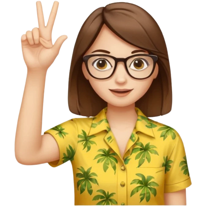 Hawaii female with white skin. Shoulder length straight brown hair. Brown eyes with glasses. Female wearing yellow Hawaiian print shirt. Women is making a hang loose sign with her left hand emoji