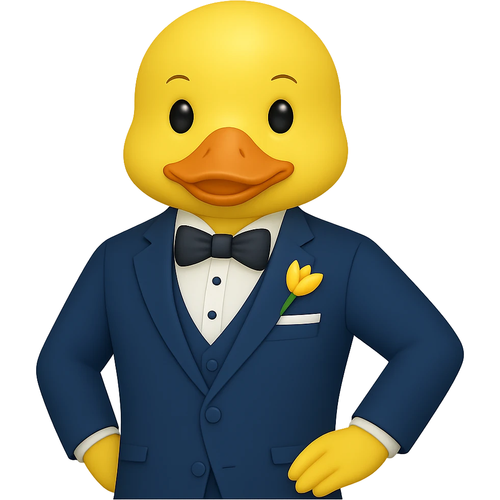 Create a gentlemanly yellow duck in a blue suit, standing with one hand on hip, in the style of apple emojis, with no background. emoji