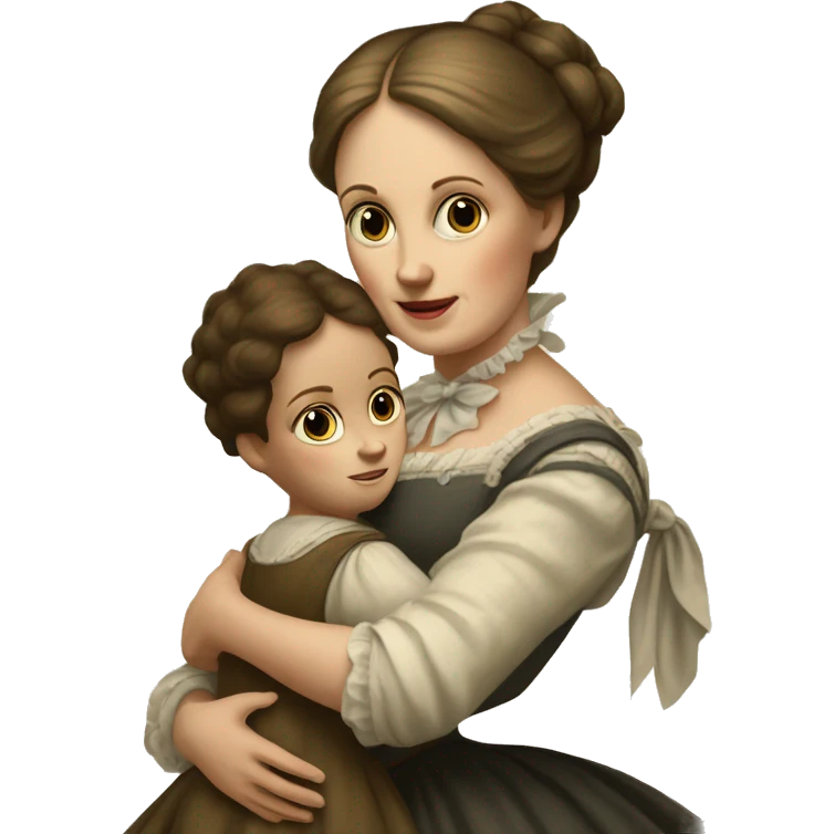 A 19th century white woman with a child in her arms. There is a big letter "A" on the dress emoji
