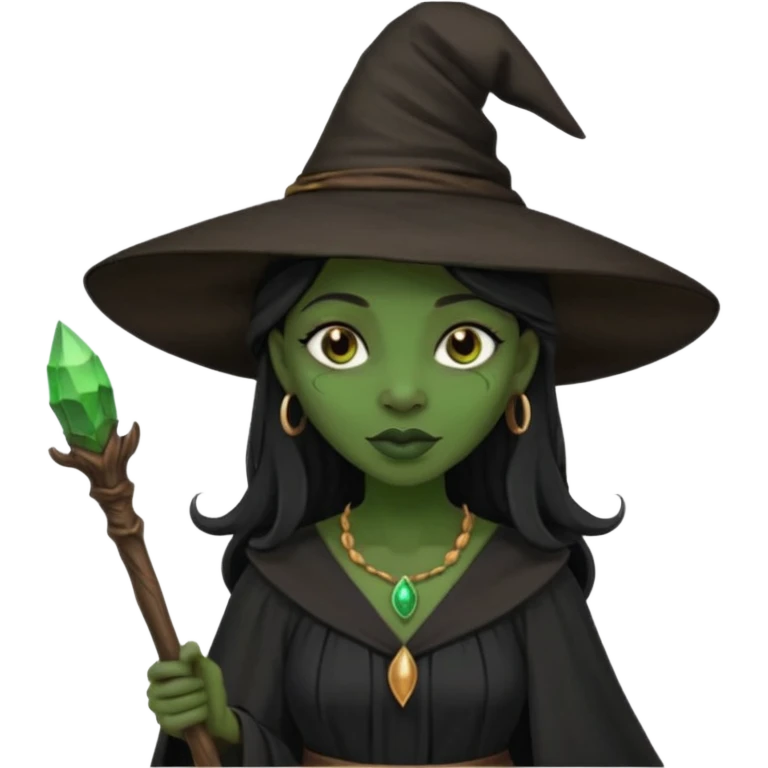 ведьма-африканка с зеленой кожей с широким носом в черном платье и черной ведьминской шляпе с посохом и длинными черными волосами  emoji