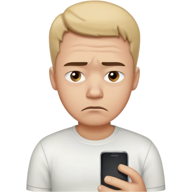 A sad-looking cartoon man holding a smartphone, staring at the screen with worried eyes and a frown, wearing a white shirt. emoji