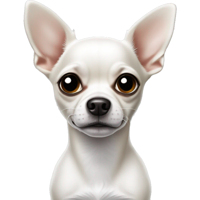 Chihuahua dog with a predominantly white face. With pointed ears. With distinctive black and white markings: a black patch over the eye and left ear, while the rest of the face is white. The body appears to be white with black spots. emoji