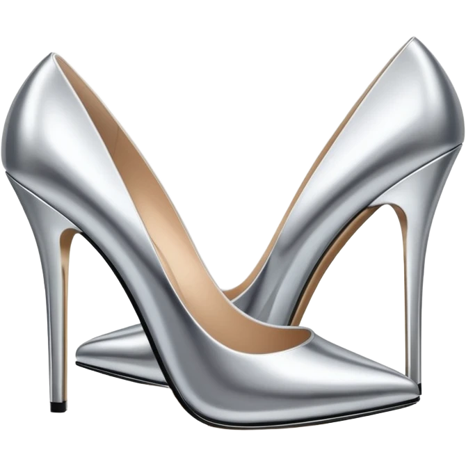 A pair of high heel shoes emoji made of polished silver chrome, elegant sharp silhouette, smooth metallic surface, glossy reflections, luxury sexy vibe, minimalistic iOS emoji style, centered, clean white background emoji