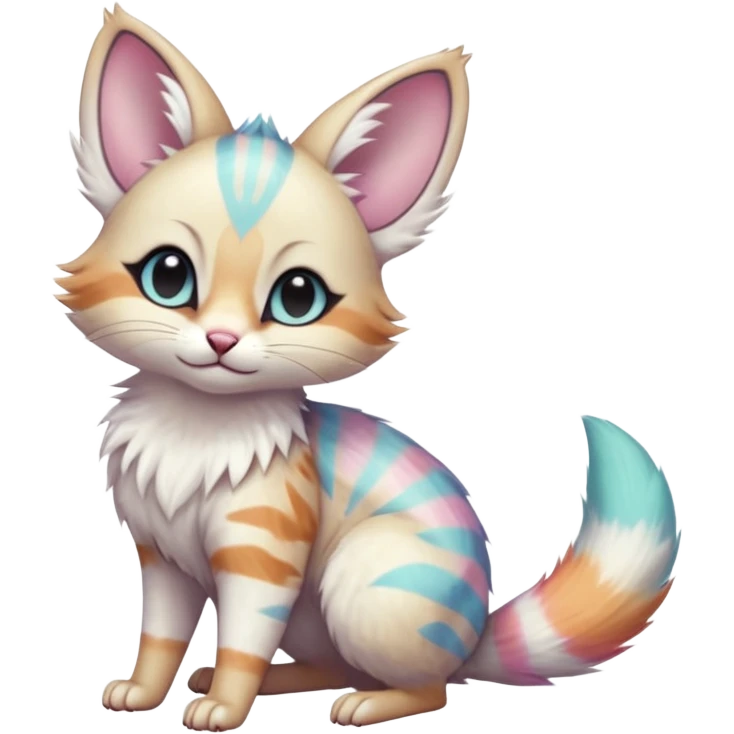  cute adorable whitish pastel fur with random colorful markings iridescent beautiful elegant pretty precious cute  Fakémon-Pokémon-alien-opossum-feline-serval-caracal-chinchilla-Minccino-hybrid-creature with a big fluffy bushy striped tail (full body) emoji