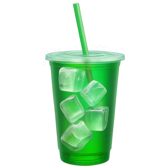 Realistic plastic cup and lid with Transluscent green soda and large ice cubes inside and one straw through the top of the lid. emoji