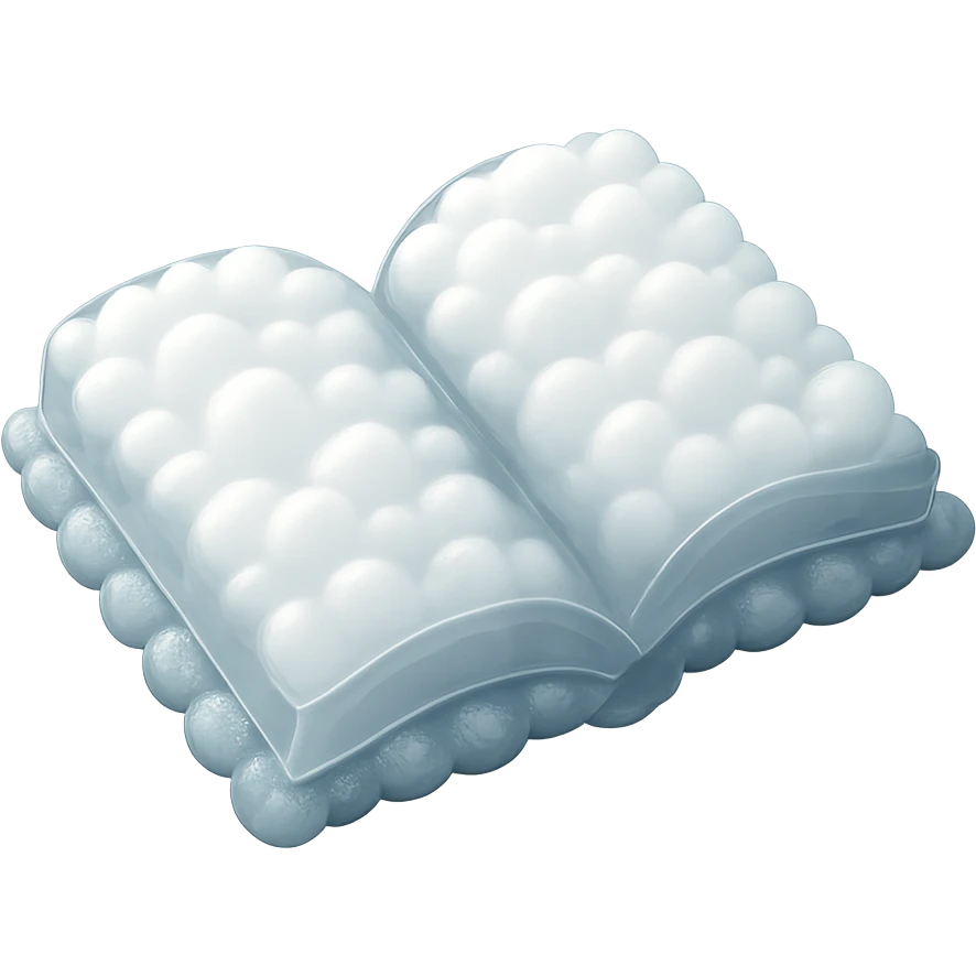 top view of a thick open book made entirely of small, very bright white fluffy convex clouds, matte glass style emoji