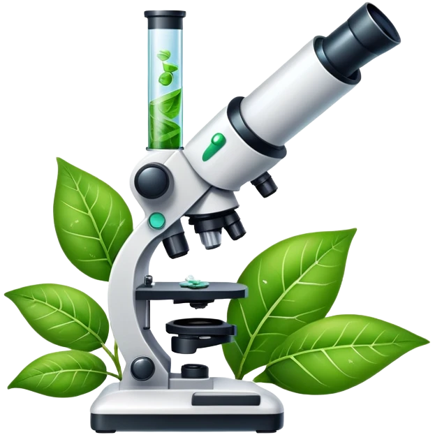 An icon featuring a microscope, a DNA strand, and a plant, symbolizing biology. The design includes animal cells, a leaf, and scientific formulas, representing the study of living organisms and ecosystems. Transparent background highlights biological research and discovery. emoji