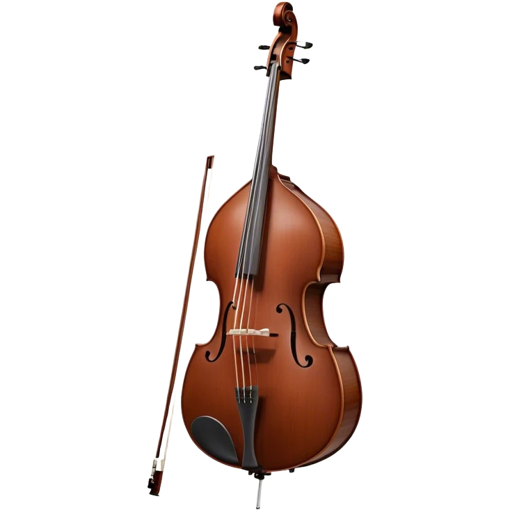 Create an elegant and detailed emoji representing a Gliga Gama double bass with bow. The design should showcase the large, sleek body of the double bass with its rich wood finish, including the characteristic curves and deep tone holes. The bow should be elegantly positioned next to the instrument, highlighting the hair and smooth wooden stick. Use warm wood tones like chestnut brown for the body of the bass, silver accents for the fittings, and dark brown for the bow. Add subtle musical notes or sound waves flowing from the bass to represent its deep, resonant sound. The background should be transparent. emoji