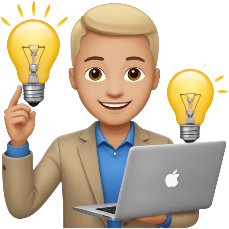 smiling person entrepreneur with laptop and lightbulb emoji